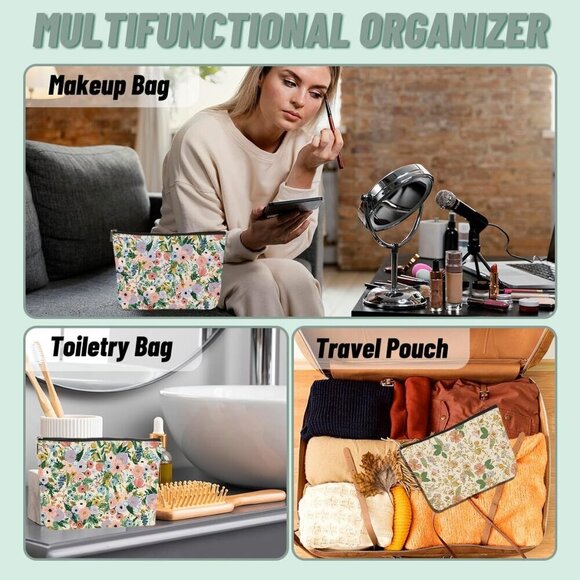 2pcs Aesthetic Floral Makeup Bags for Women, Cute Flower Aesthetic Cosmetic Bag, - Picture 5 of 6